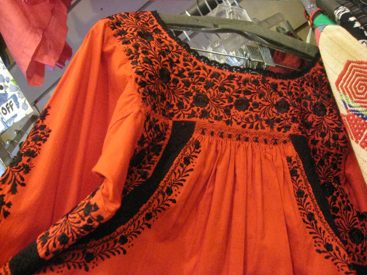 Beautiful Red Huipil with Exquisite Black Embroidery and Crocheted Lace