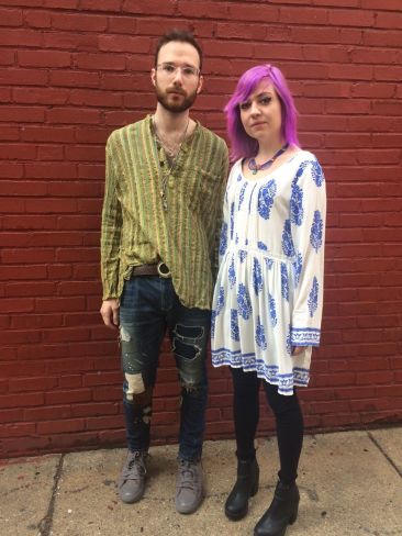 Duncan: Long-sleeved striped woven shirt by KATMANDU IMPORTS, $29; Audrey: White dress with blue paisley pattern by VELZERA, $40