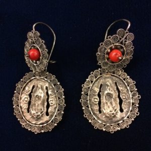 Silver filigree and coral Virgen de Guadalupe earrings, $180