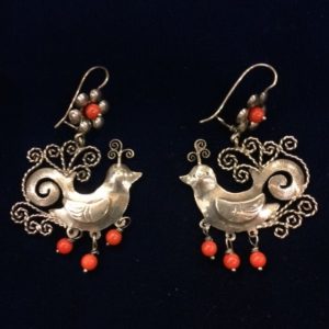 Mexican silver bird earrings with swirls and coral, $225