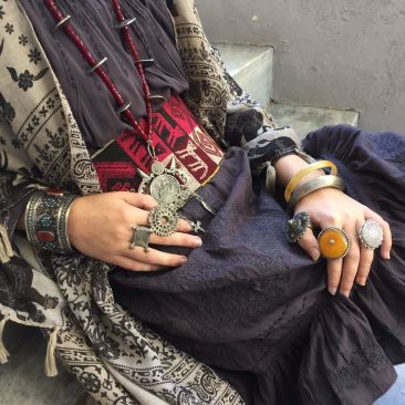 From left to right:carnelian turqiose and coral cuff bracelet, $45; tuareg ring, $40; circular tribal ring, $45;
Guatemalan chachal necklace (ca 1894, restrung) $450; horn bracelet - $12
silver cuff; Turquoise carnelian glass tribal ring, $70; amber ring, $28; engraved ring, $70