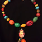 Colorful beaded necklace with Frida pendant, $108