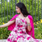 Pink floral dress, $60, and hot pink cardigan, $29 by HEARTS & ROSES.